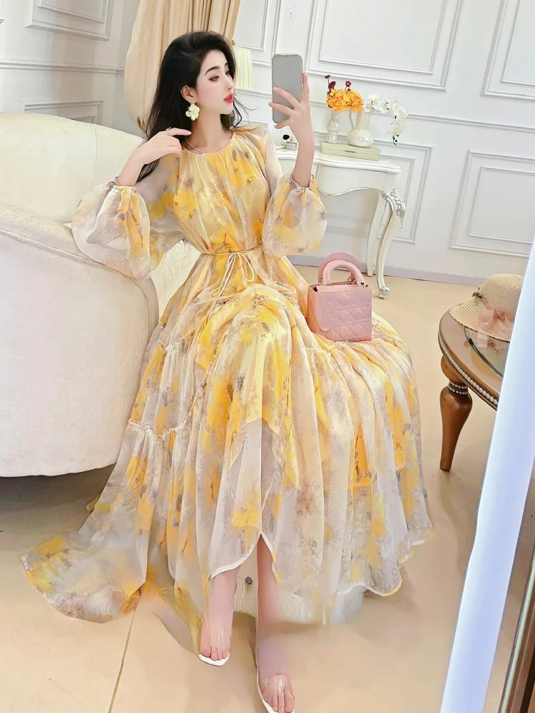 OCEANLOVE Beach Style Vestidos Mujer Spring Summer Print Floral A-line Vintage Women Dresses Korean Fashion Elegant Long Dress