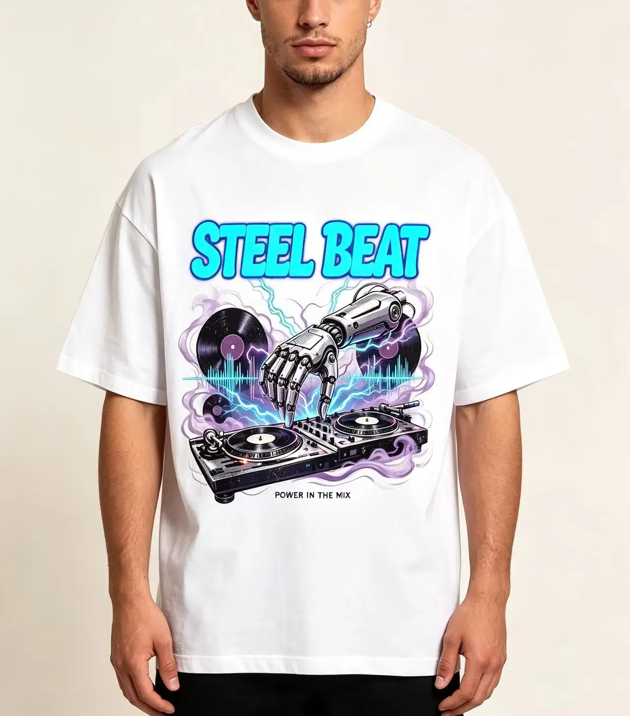 Unisex Steel Beat Robot Hand DJ Turntable Vinyl Record Graphic T Shirt Men Women Electronic Music Lightning Print Oversized Crew Neck Streetwear Top