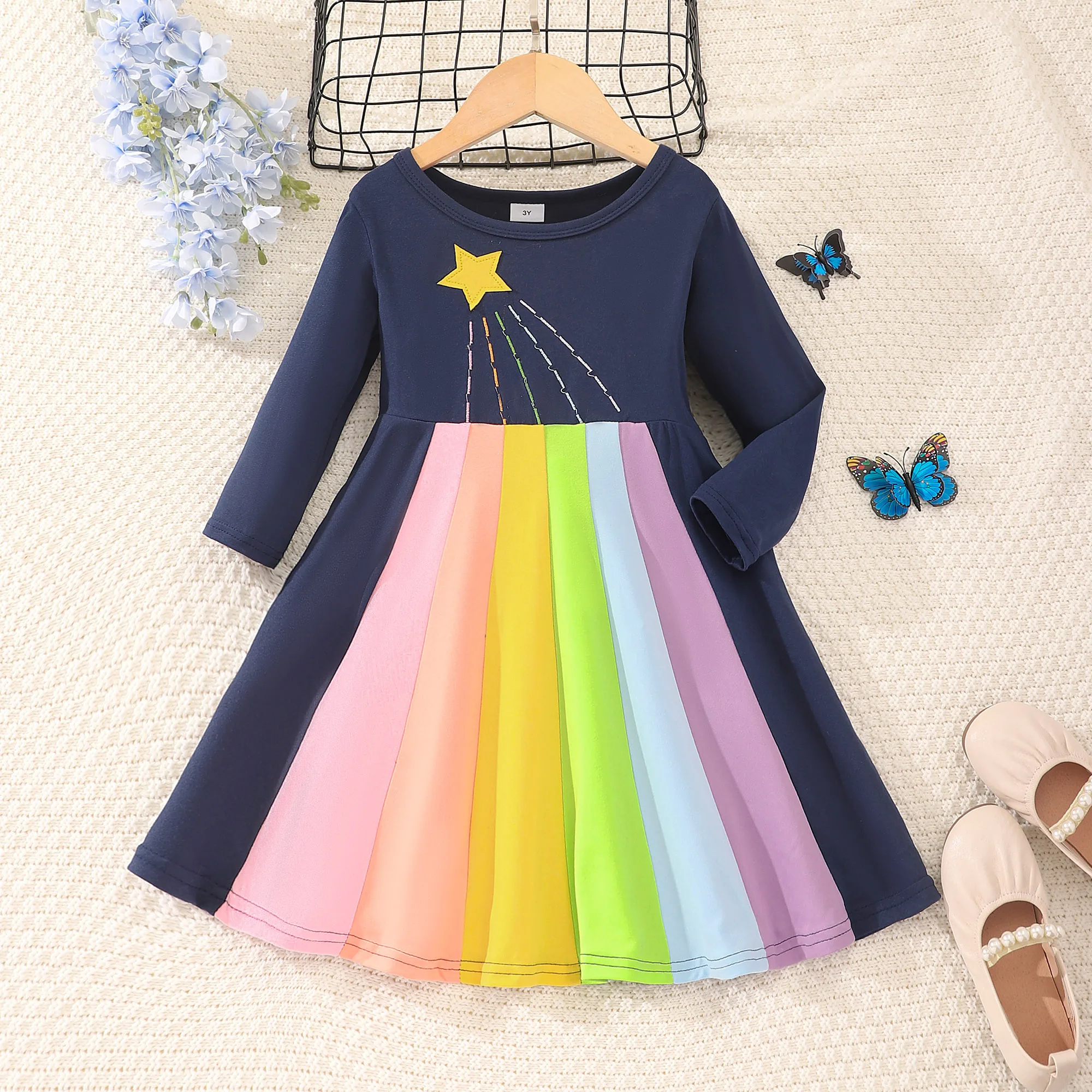 2024 Dress Kids Girl Clothes Long Sleeve Round Neck Contrast Panel Party Children Princess Dress 3 4 5 6 7 Years Girls Dresses