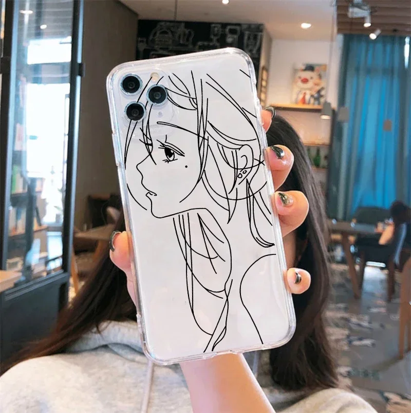 Cute Anime Girl Face Phone Case For iPhone XR 15 12 11 14Pro X MAX 13 7 8 Plus Abstract Art Line Clear Soft TPU Cover Coque Bag