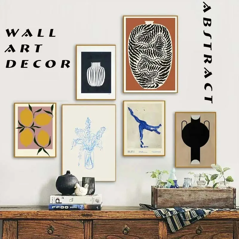 1 pièce, affiche murale sans cadre, minimaliste abstraite, motif citron et vase, géométrique, style nordique, impression sur toile, pour salon H