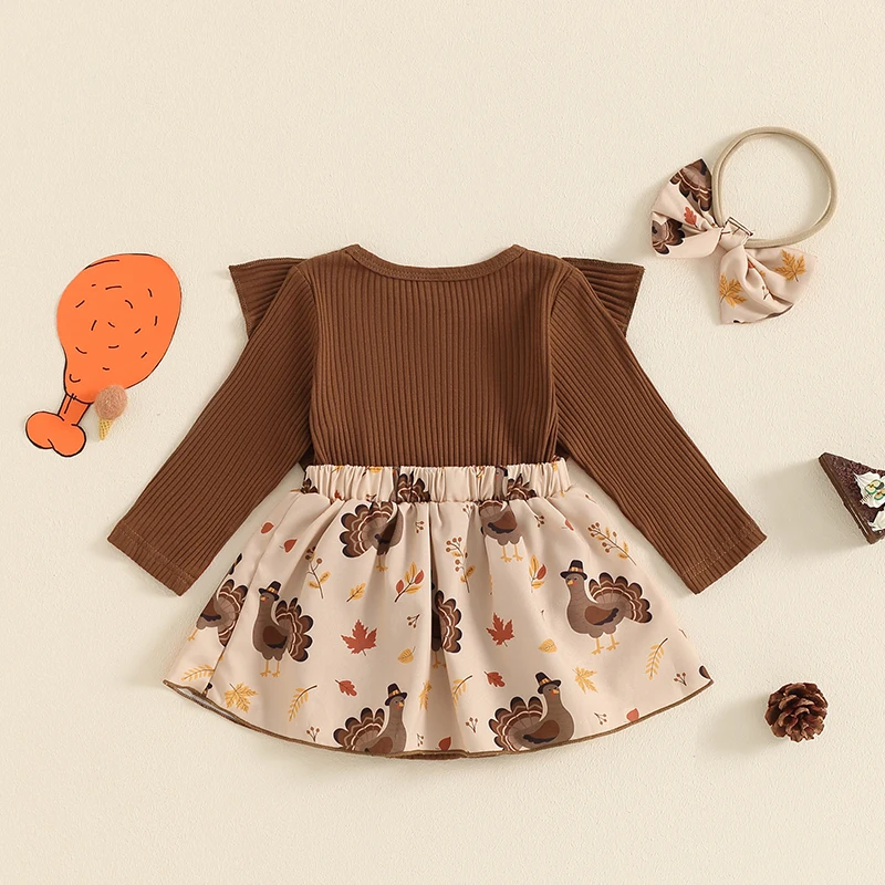 Baby Girls Rompers Dress Thanksgiving Clothes Ribbed Ruffles Turkey/Pumpkin Pie Print Skirt Hem Jumpsuits with Headband