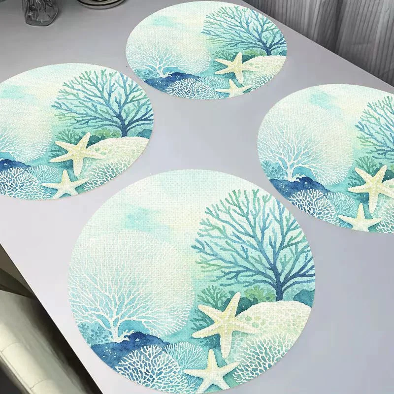 VIKAMA Fresh Watercolor Ocean Coral Sea Star Round Linen Table Mats, Heat Resistant Waterproof Washable Home Decor