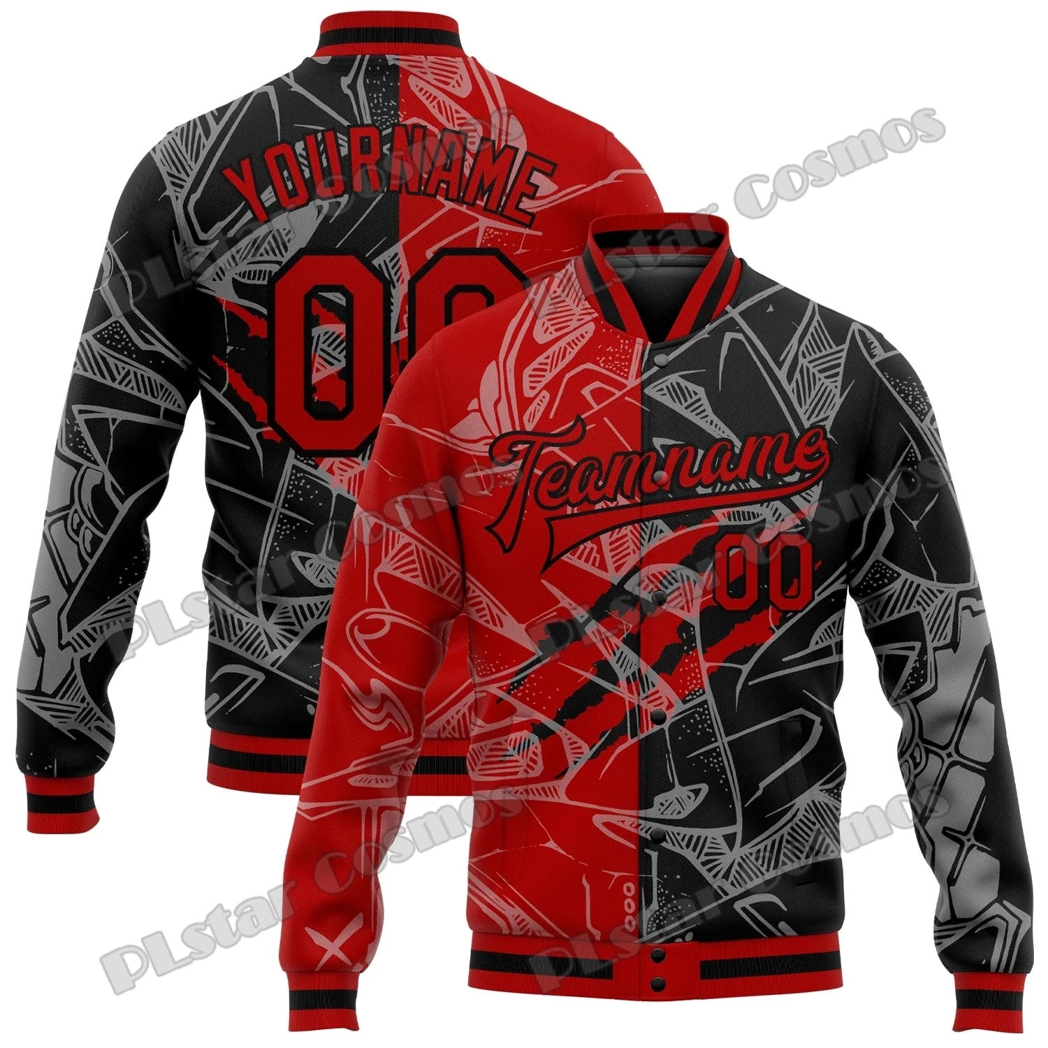 Jaqueta unisex casual varsity, jaqueta masculina varsity, padrão Graffiti personalizado, preto, vermelho, ouro velho, impresso em 3D, Letterman, beisebol, inverno, AK02