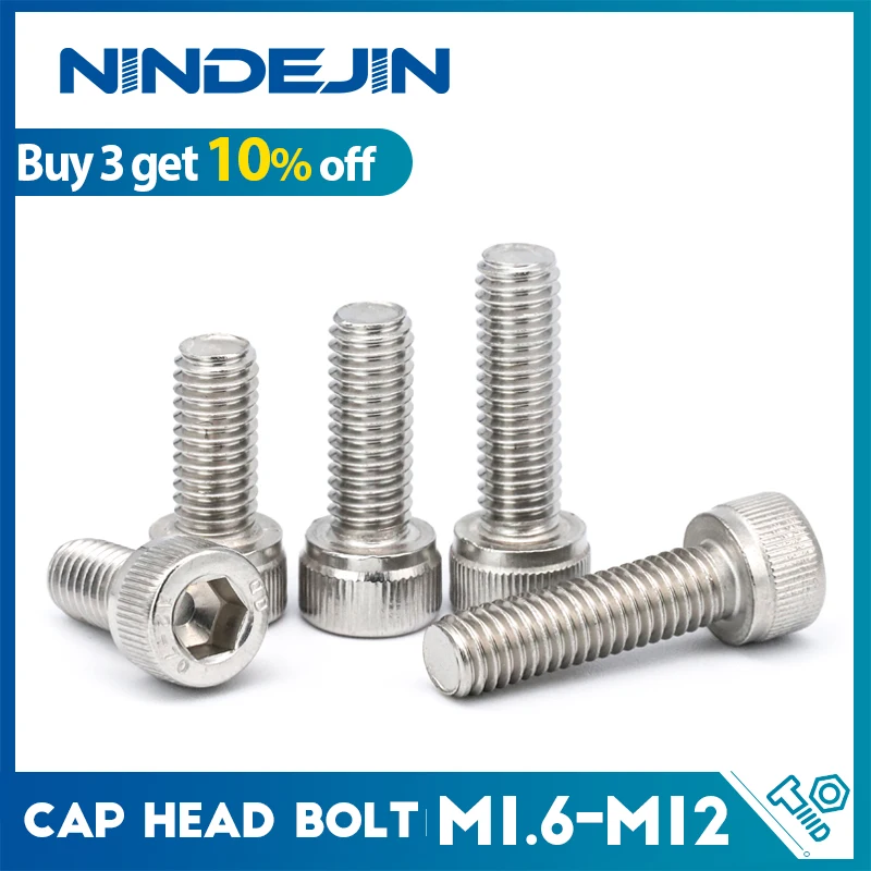 NINDEJIN Hexagon Hex Socket Cap Head Screw M1.6 M2 M2.5 M3 M4 M5 M6 M8 M10 Stainless Steel Allen Bolt DIN912 Hex Screw with Key