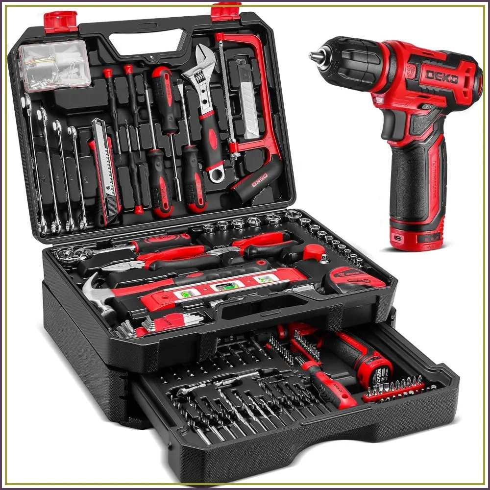 12V Cordless Drill Tool Kit with Hand Tools Box, Home Repair Set for DIYers & Handymen