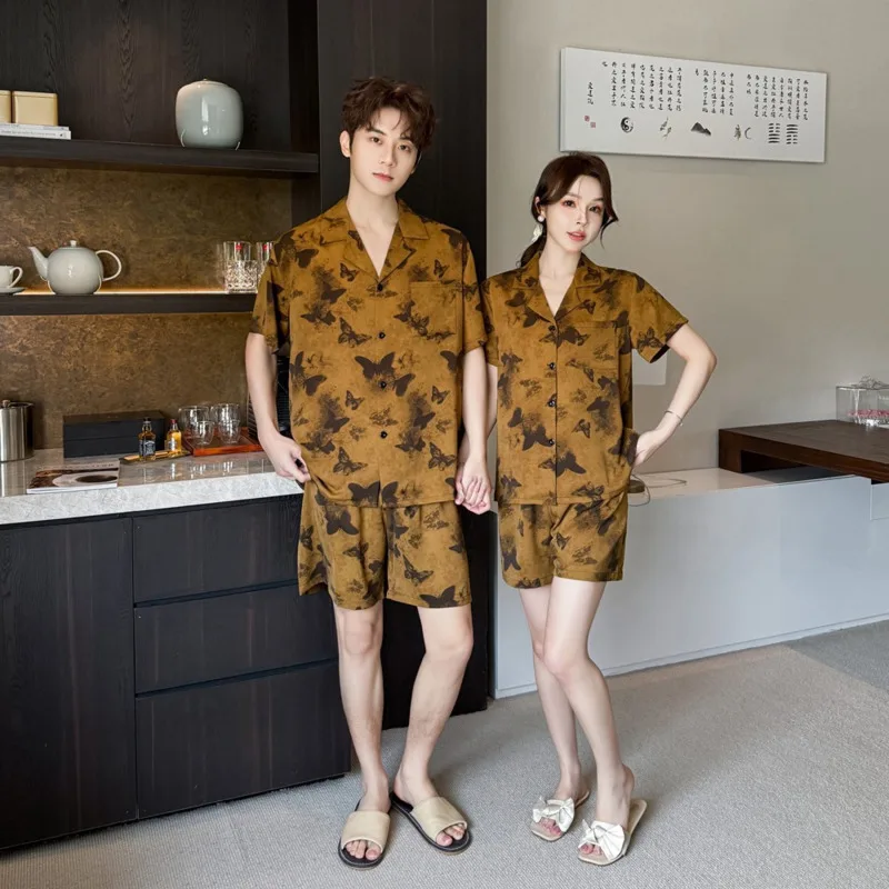 

Всесезонные пижамы с бабочками, v-образный вырез, кардиган из ледяного шелка для пары, брюки с короткими рукавами, комплект из двух предметов, высококачественная ночная рубашка для дома