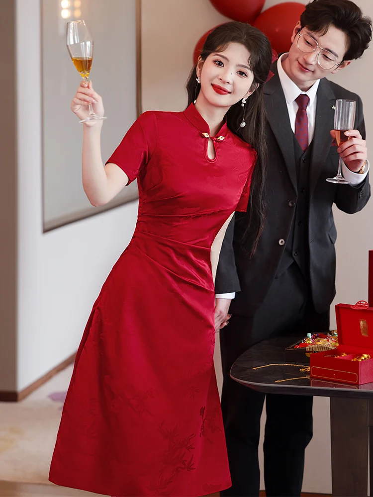 

Red Engagement Dr Wedding Ceremony Evening Gown Women's Faion Retro Sle Zipper Closure A-Line Skirt Dr