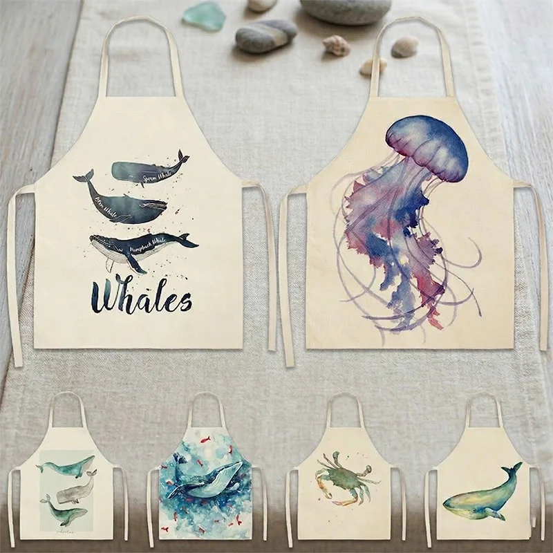 

Watercolor Whale Jellyfish Print Kitchen Apron Women Men Cooking Baking Accessories Sleeveless Linen Bib Pinafore Delantal