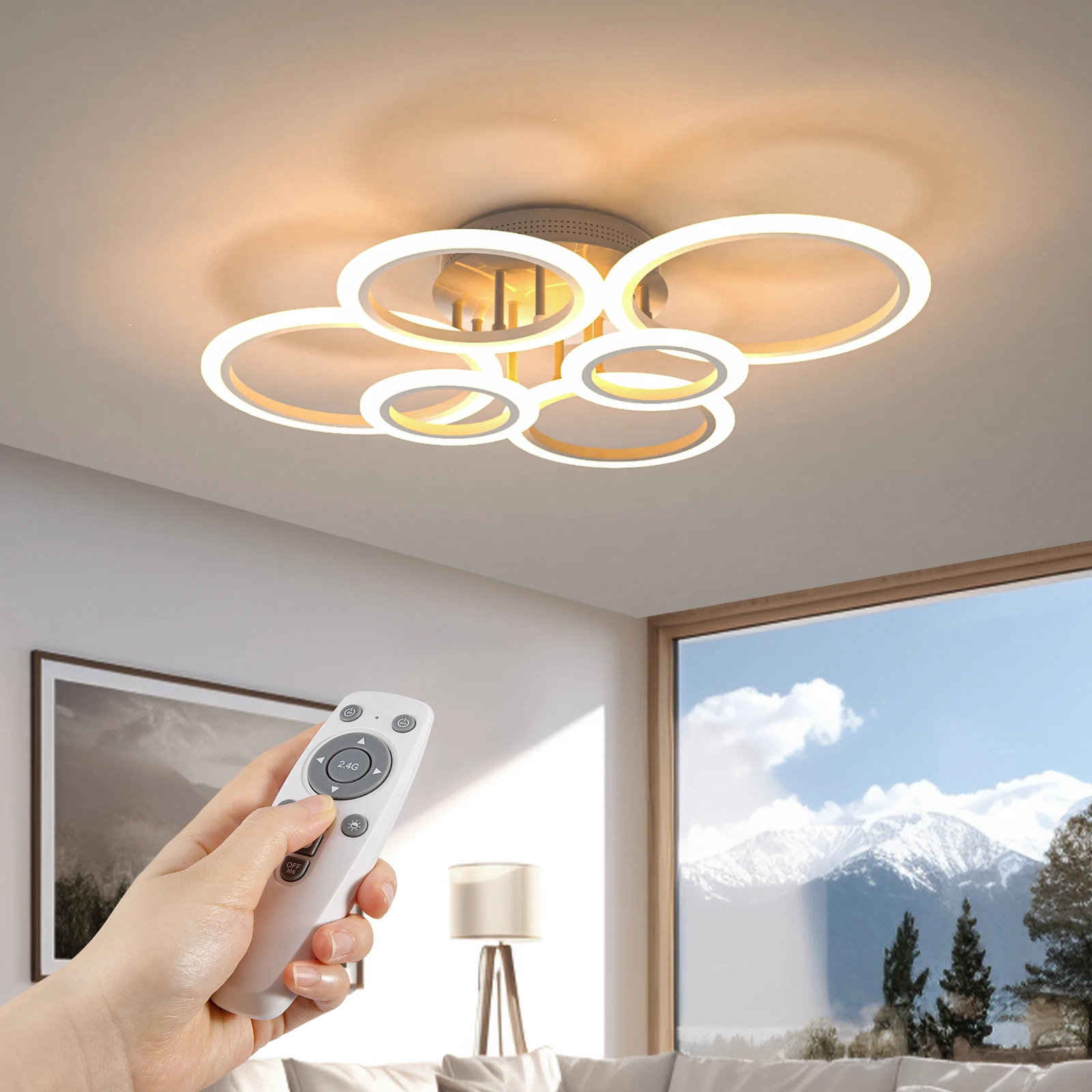 Modern Ceiling Lights Dimmable Chrome LED Ceiling Light Fixtures with Remote Control Close to Ceilings Lighting 6/7/9 Rings