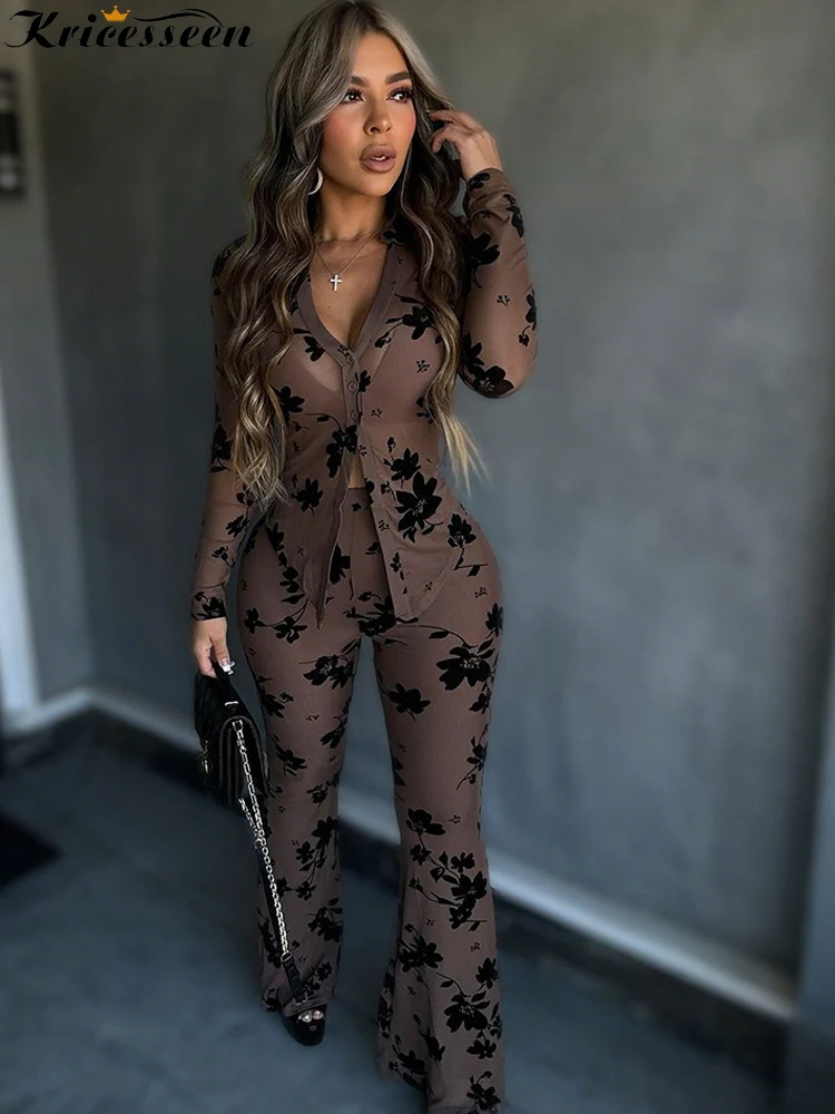 

Kricesseen Sexy Brown Floral Print Mesh Two Piece Set Women V-Neck Long Sleeve Button Up Shirt+ Flare Pants Outfits Matching Set