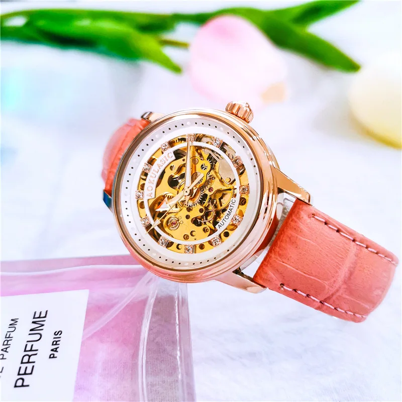 Stainless Steel New Diamond Dual-Sided Skeleton Luminous Waterproof Self-Wind Automatic Watch for Women
