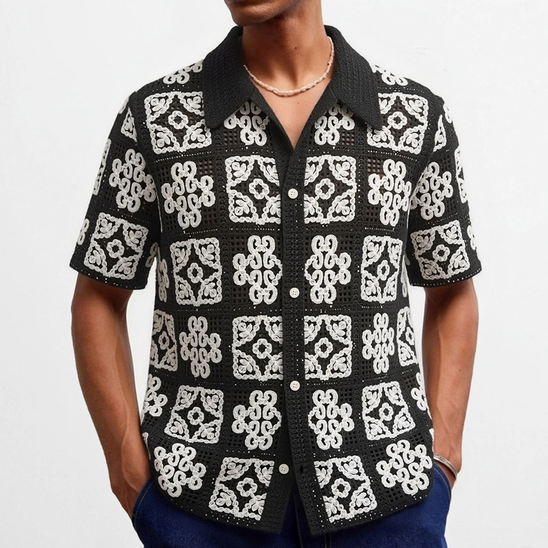 New Fashion Men Polo Shirts Black White Contrast Crochet Knitted Shirt Summer Hollow Out Short Sleeve Man Cardigan Tops SY0187