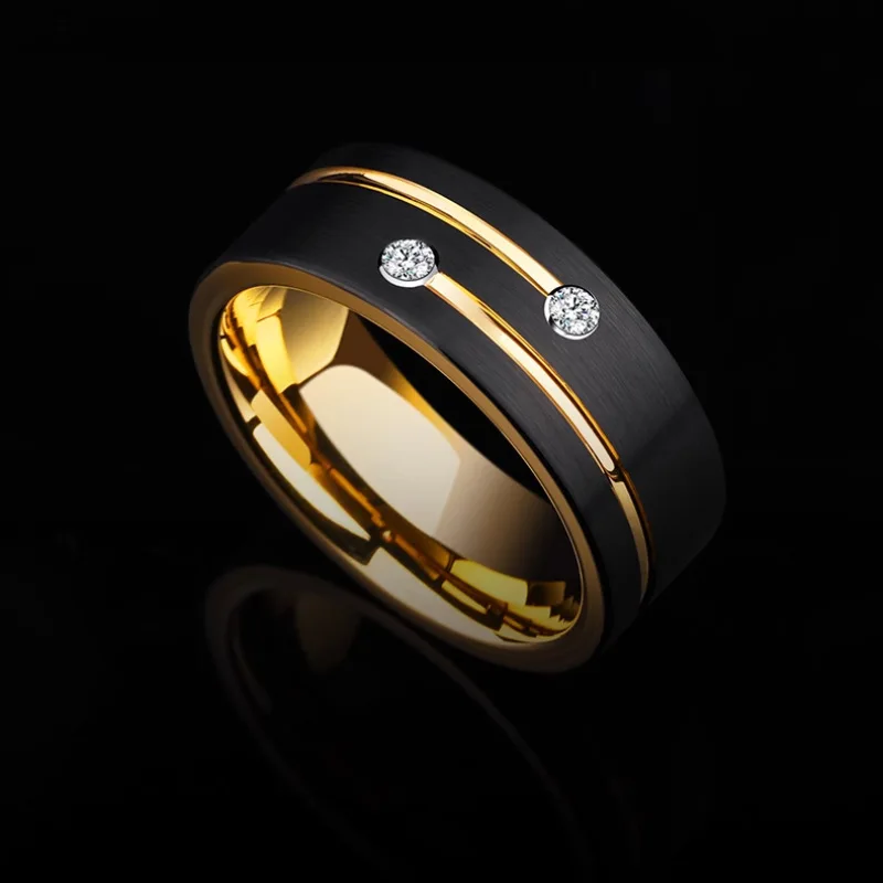 Luxury Matte Brushed Mens 8mm Black Stainless Steel Gold Color Ring Crystal Wedding Band for Men's Engagement Party Jewelry Gift