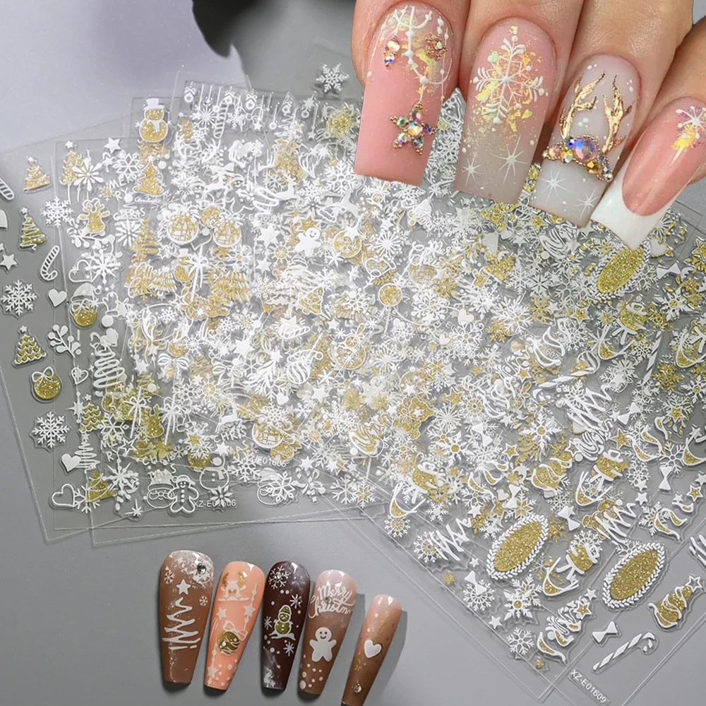 

12Pcs Shiny Christmas Nail Sticker 3D White Gold Glitter Design Nail Decal Elk Snowflake Christmas tree Self-adhesive NailSlider