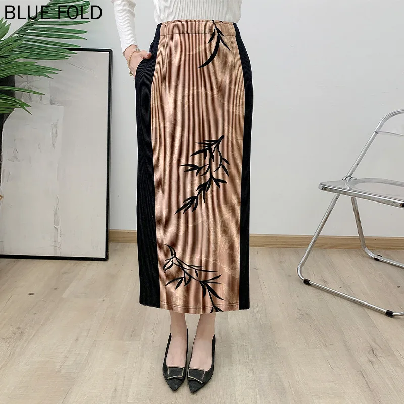 MIYAKE Big Toothpick Thick Material Printed Skirt for Women Autumn Temperament Versatile Wrinkled Elastic Pleated A-line Skirt