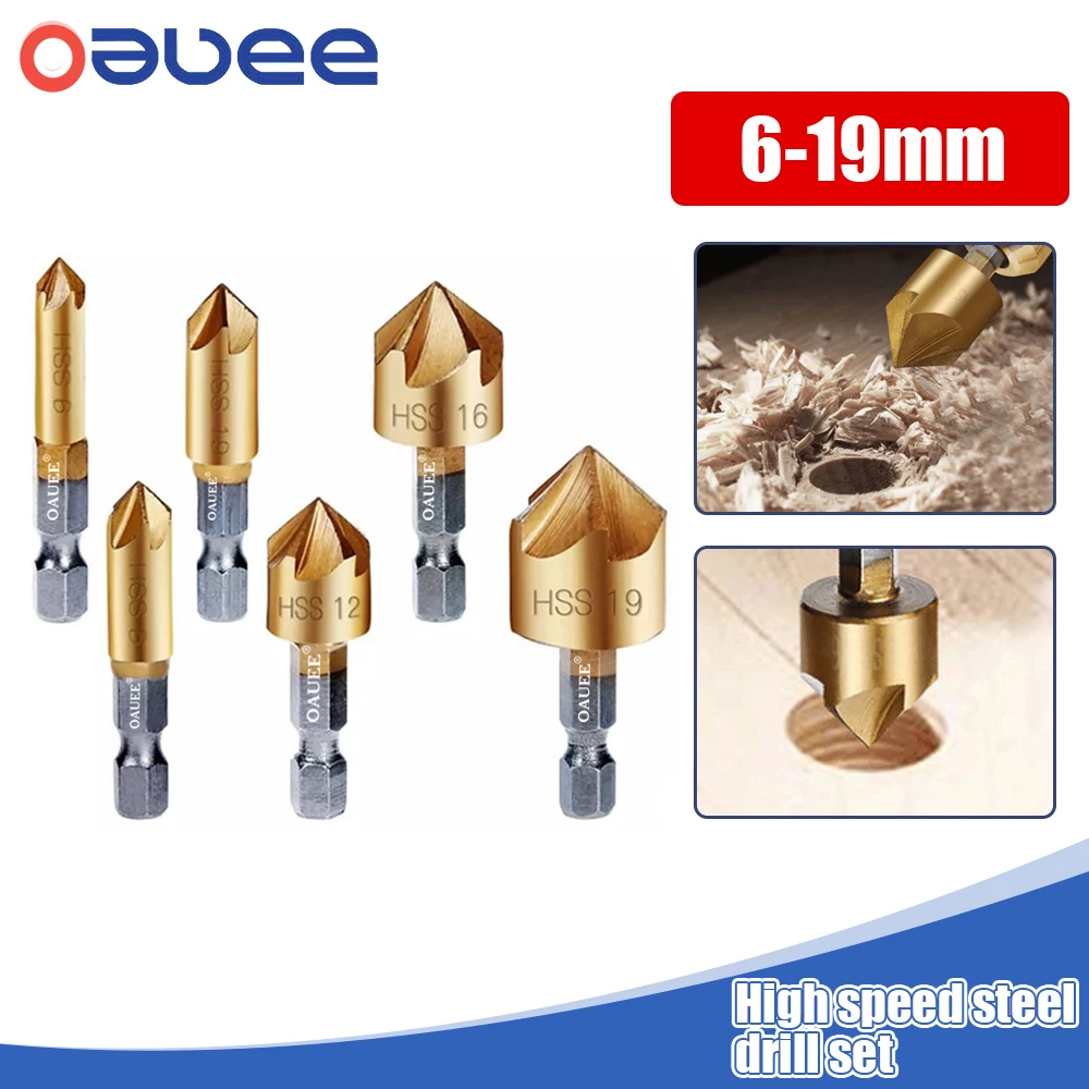 5 Flutes HSS Countersink Drill Bit Set 1/4'' Hex Shank  Countersink 90 Degree Woodworking Chamfering Cutter Chamfer 6-19mm