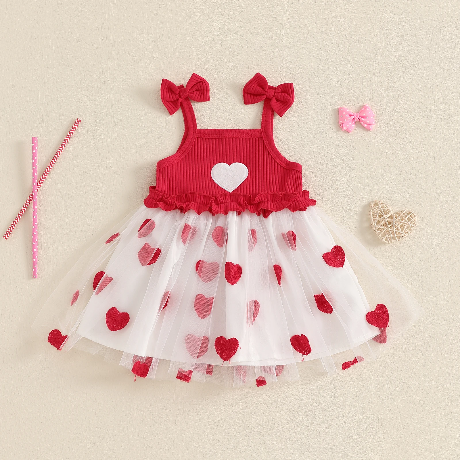 Summer Mesh Baby Girls Sleeveless Dress Princess Heart Embroidery Square Neck Tulle Children Dress Valentines Day Clothes