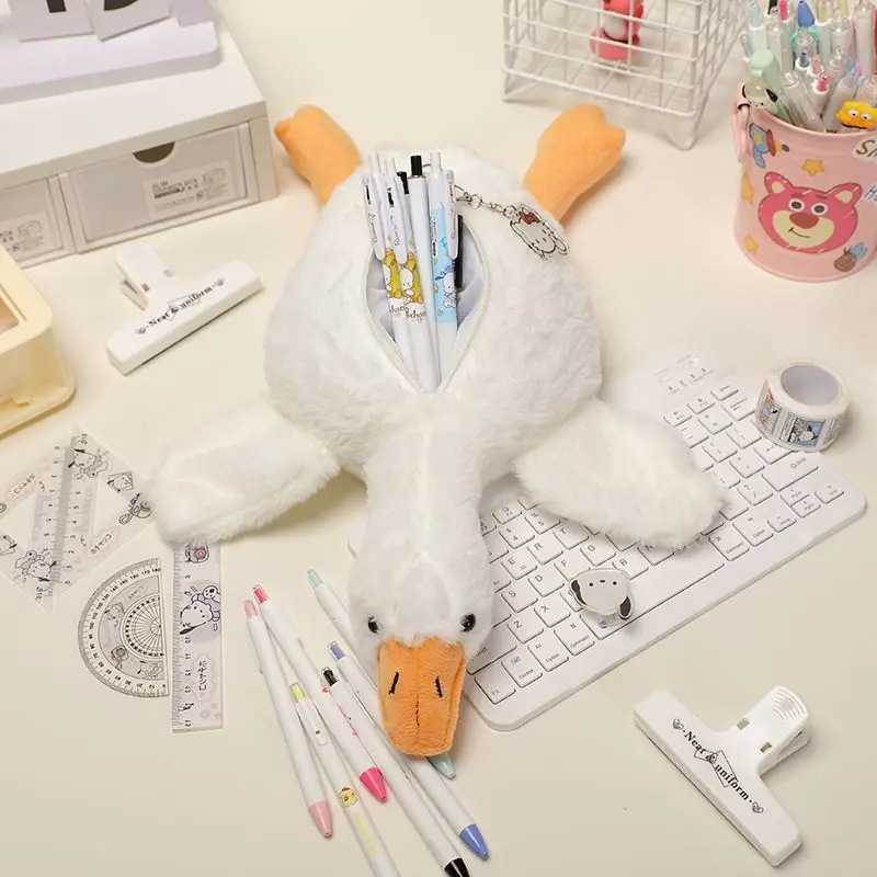 Imagem -03 - Coreano White Goose Plush Pen Bolsa Estojos de Lápis Divertidos para Estudantes Bolsa de Papelaria de Desenhos Animados Bolsa de Boneca de Tubarão