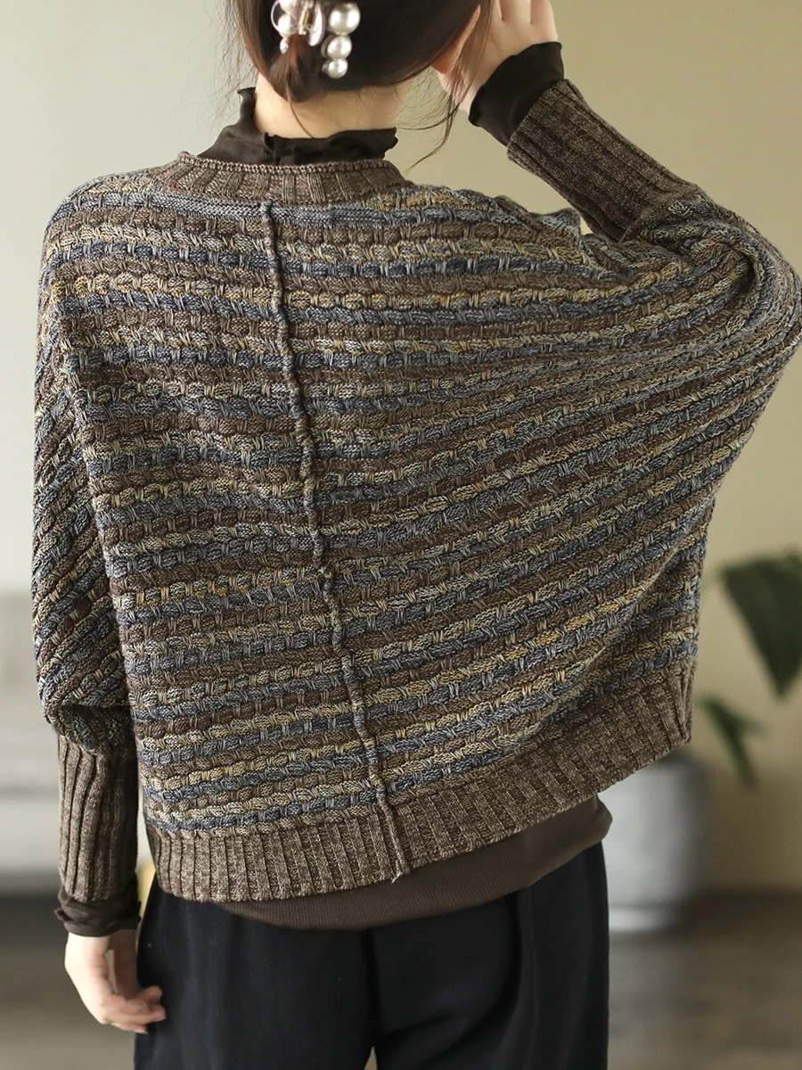 เสื้อคาร์ดิแกนถักลายทางสีเรโทร ผ้าฝ้าย ทรงหลวม แขนยาว สไตล์ลำลอง สำหรับผู้หญิง เสื้อคลุมท็อปโค้ท ฤดูใบไม้ร่วง รุ่นใหม่ สไตล์ศิลปะ