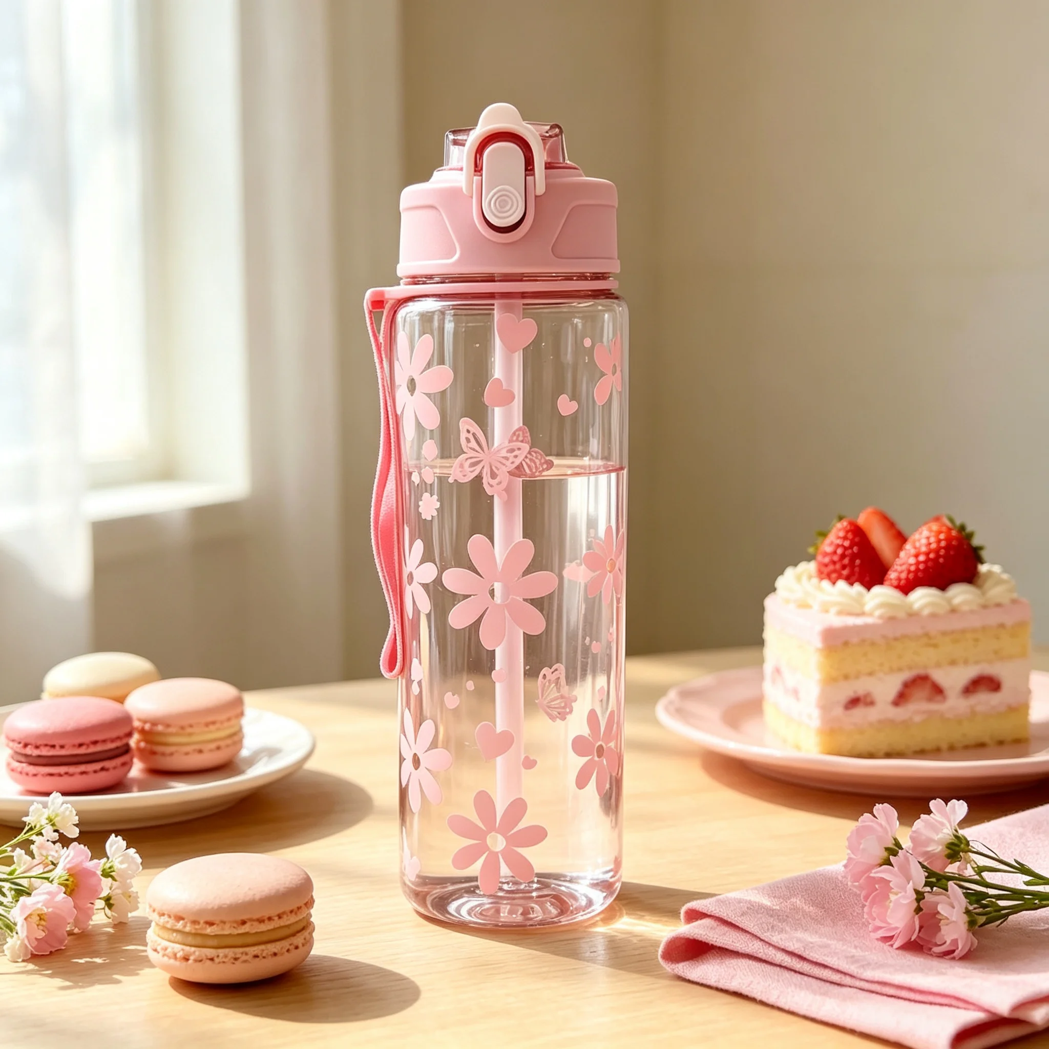 Cute Pink Bow Butterfly Floral Print Water Bottle, Portable Flip Top Straw Leak-Proof Plastic Drinking Cup with Lanyard for Girl