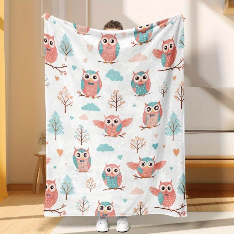 1 doppelseitige Flanelldecke mit süßem Eulen- und rosa Baumdesign – bequemer Bettbezug aus weichem Plüsch-Polyester für die ganze Saison