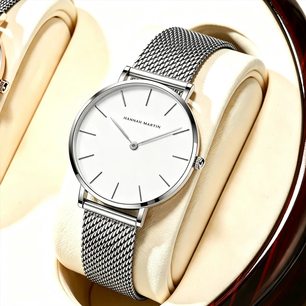 Women's Watch Hannah Martin Brand Stainless Steel Mesh Strap 36mm Silver Minimalist Dial Japanese Quartz Movement 6.9mm Slim Clock 3Bar Life Waterproof Local Fast Shipping Women Watch view 2