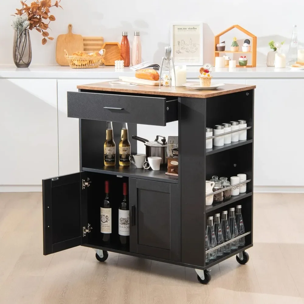 Kitchen Island on Wheels, Kitchen Trolley Cart with Towel Rack & Spice Rack, Rolling Kitchen Island with 2 Lockable Wheels