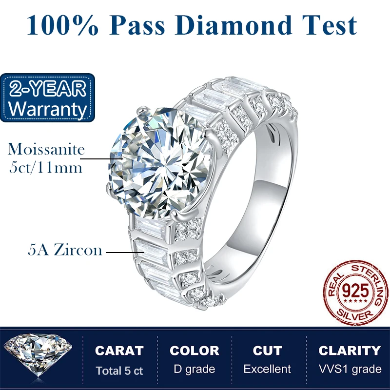 Houtros 5ct D Color VVS1 Moissanite Rings for Women 925 Sterling Silver Plated Pt950 Sparking Diamond Band Luxury Jewelry GRA