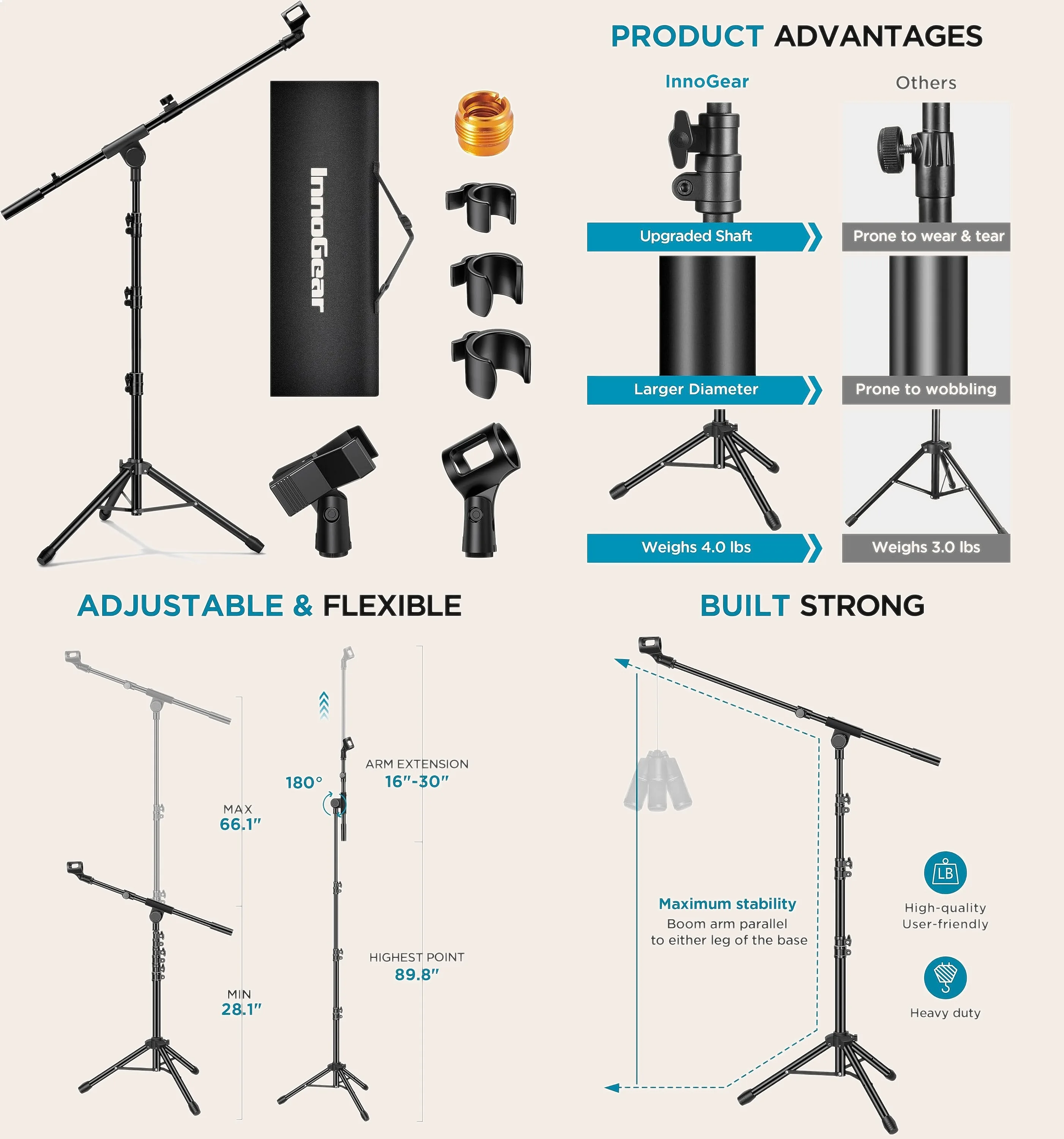 Adjustable Microphone Stand with Boom Arm, Tripod Base, Carrying Bag and Clips