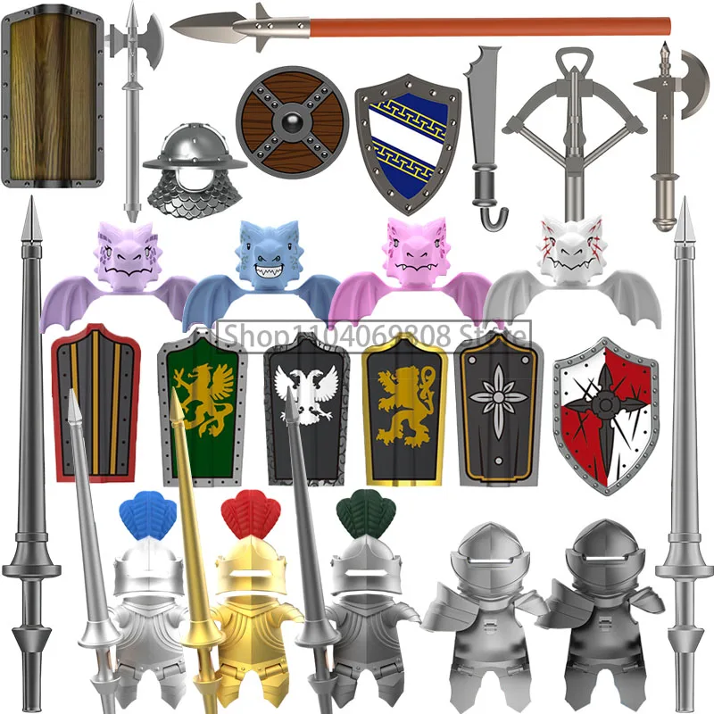 MOC – blocs de construction de figurines militaires médiévales, château, soldat de la milice, Dragon, casques de chevalier gothique, épées, bouclier, briques, jouets N06