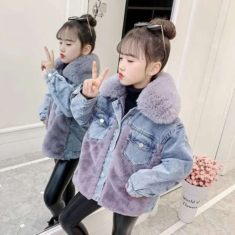 2024 Winter Jeans Jackets Girls Plush Velvet Warm Parka Children Outerwear Cashmere Cotton Coat Kids Fashion Denim Tops XMP518