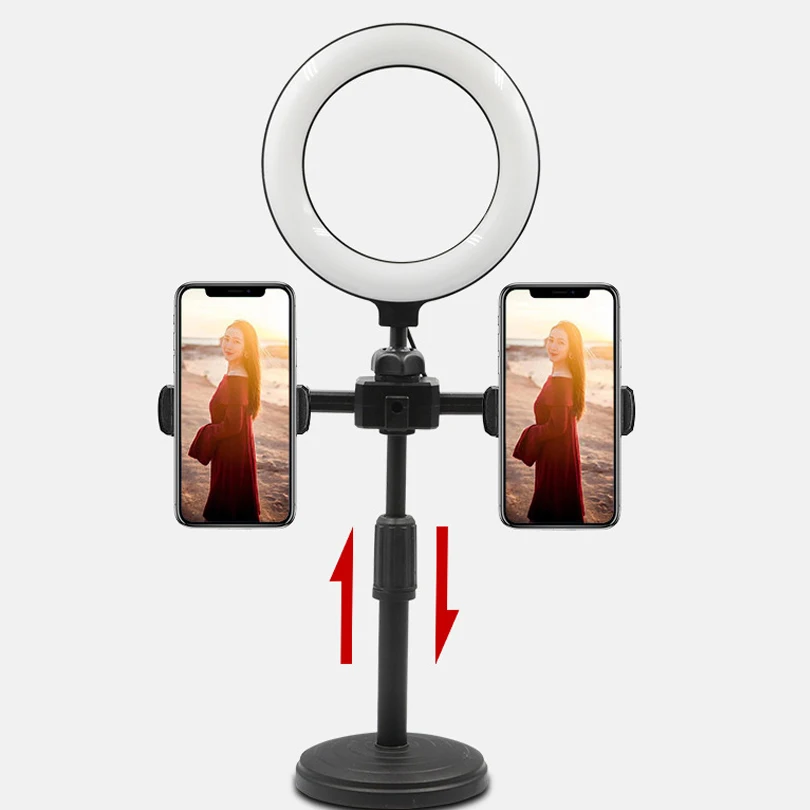 Anneau lumineux LED à intensité variable pour selfie, lampes rondes, USB avec 2 supports de téléphone, trépied, lumière vidéo Tiktok, ensemble de