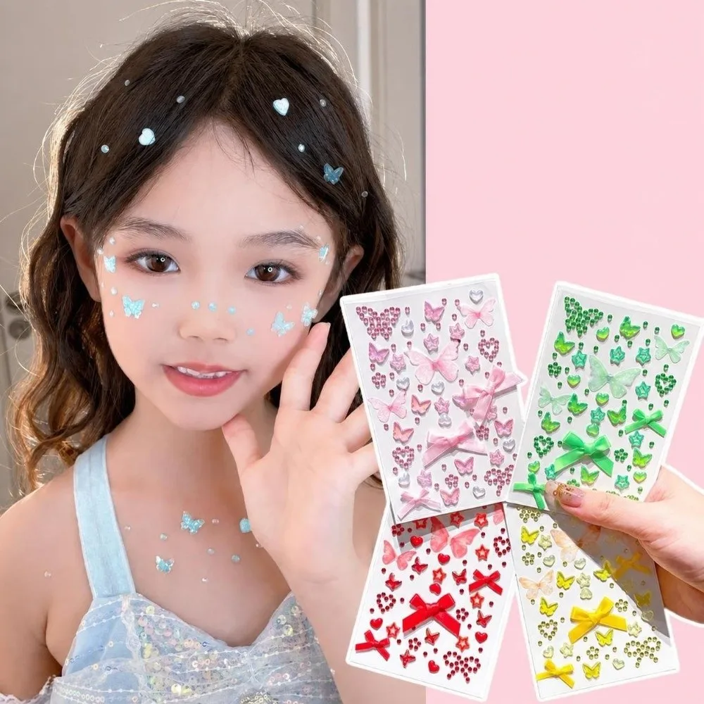 3D Stereo Face Gem Stickers Heart Star Self-Adhesive Rhinestone Makeup Stickers DIY Colorful Bow Glittery Eye Stickers for Girls