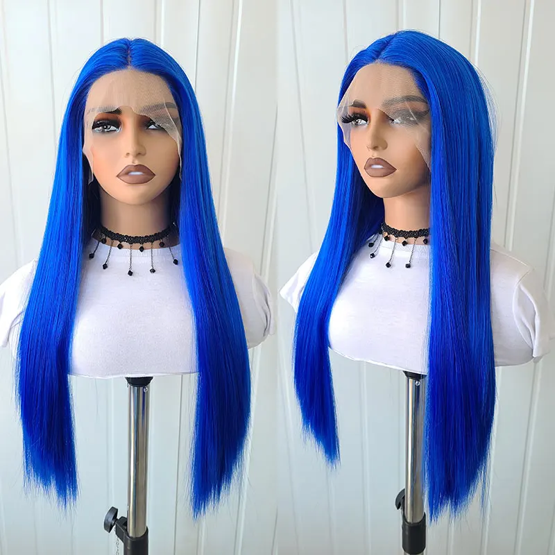 Dark Blue Color Straight Synthetic 13*4 Lace Front Wigs High Quality Heat Resistant Fiber Hair Natural Hairline For Black Women