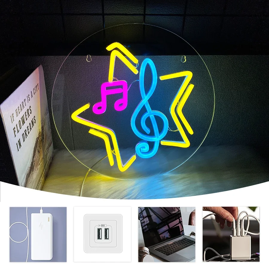 Neonschild zur Musiknotation, Musikkunst, Wand, fünfzackiger Stern, LED-Logo, Nachtlicht, USB-Stromversorgung, Bar, Musikraumdekoration.