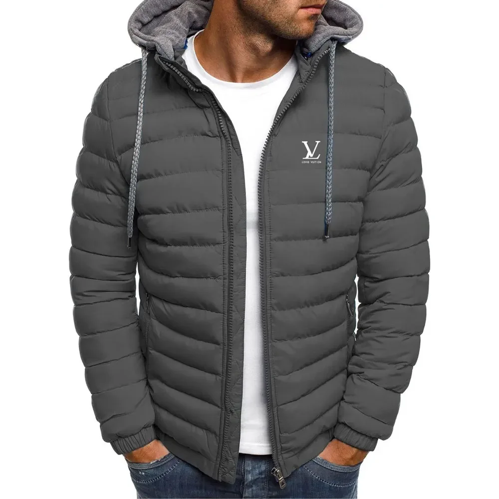 2024 men\'s new printed cotton jacket, autumn and winter fashion hooded jacket slim warm sports mountaineering men\'s short coat