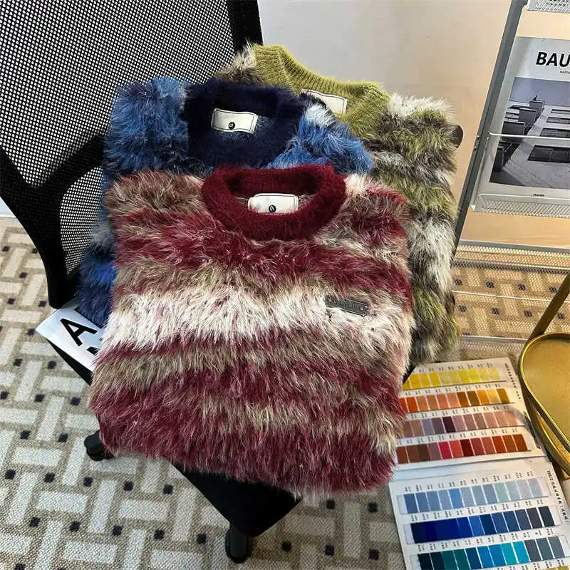 Women's Blue Striped Loose Pullover Plus Size Mohair Sweater Harajuku Vintage Y2k Oversize Mink Cashmere Sweater 2000s Clothes