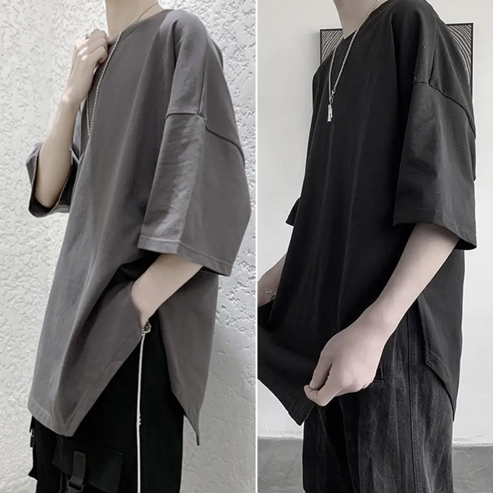 Verão oversized camiseta sólida em torno do pescoço solto lado split t camisa para homens harajuku meia manga camiseta simples diário