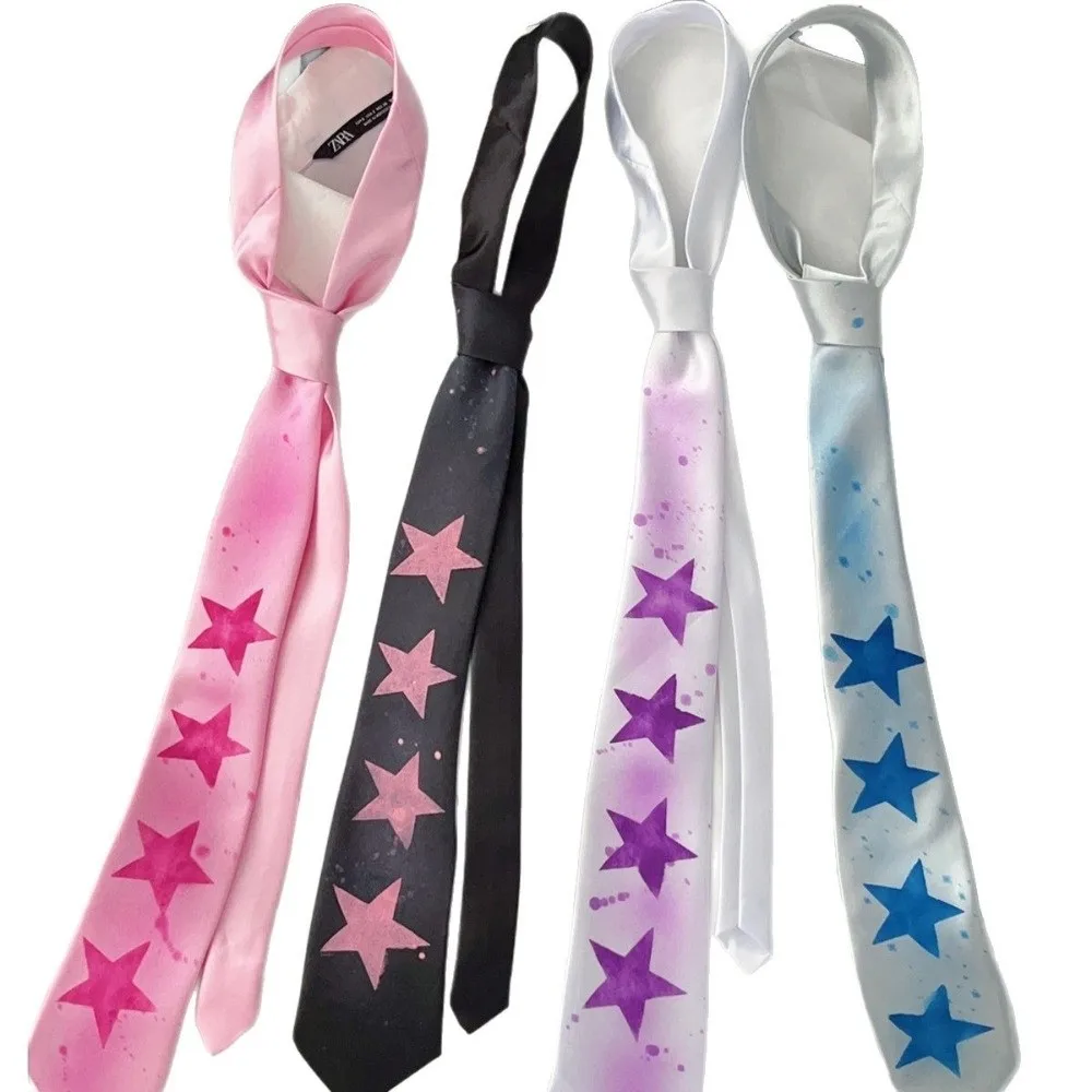 Y2K Style Star Print Necktie Multi-Use Design Vintage Finish Preppy Tie Smooth Satin Texture Narrow Width Satin Necktie
