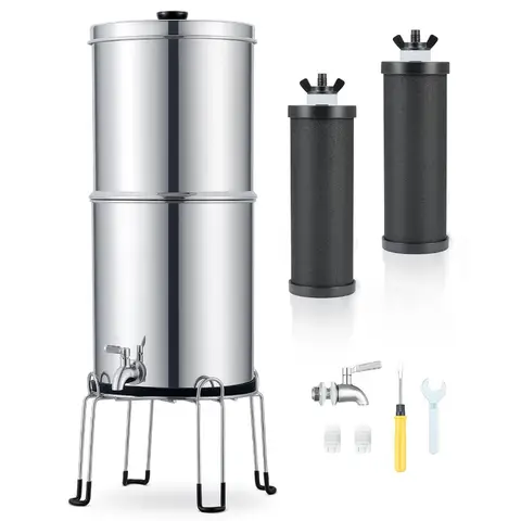 Gravity Fed Water Filter System Stainless Steel Countertop Water Purifier with 2 Carbon Filters 2.25 Gal Capacity Chamber Stand