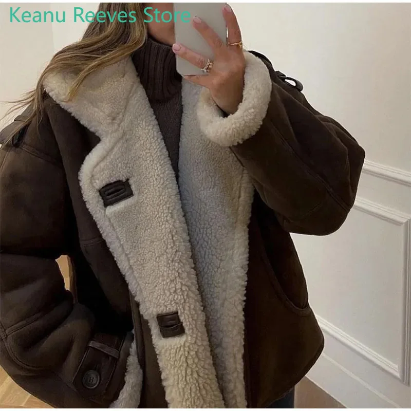 Vintage Khaki Faux Leather Warm Thick Fluffy Coat fashion Long Sleeve Big Lapel Single Button Outerwear 2024 Winter Lady Jacket