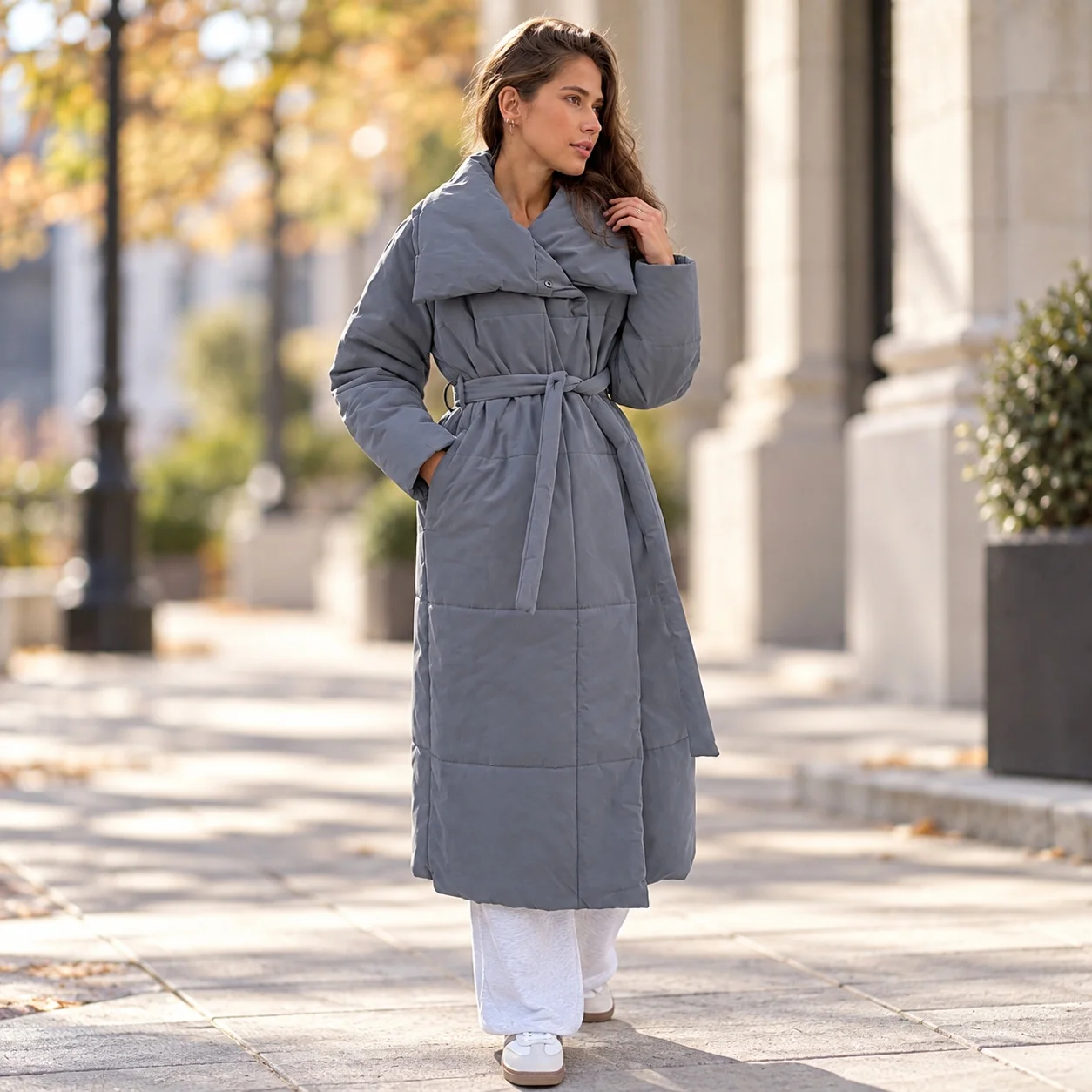 Loose Fit Casual Belt Coat with Long Length Streetwear Single Row Multi Button Closure Winter Long Sleeve Stand Collar for Women