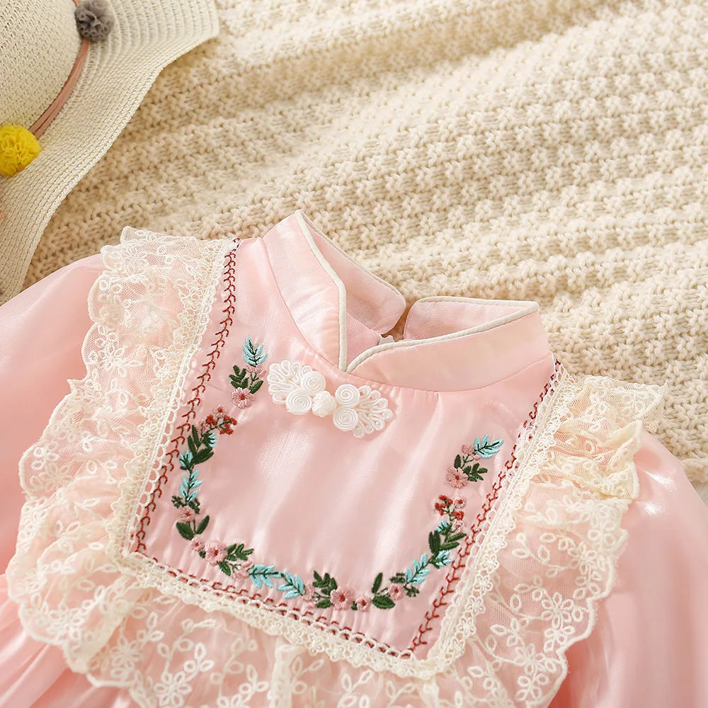 Spring and autumn girls long sleeved dresses baby girls embroidered button up stand up collar solid color lace princess skirt