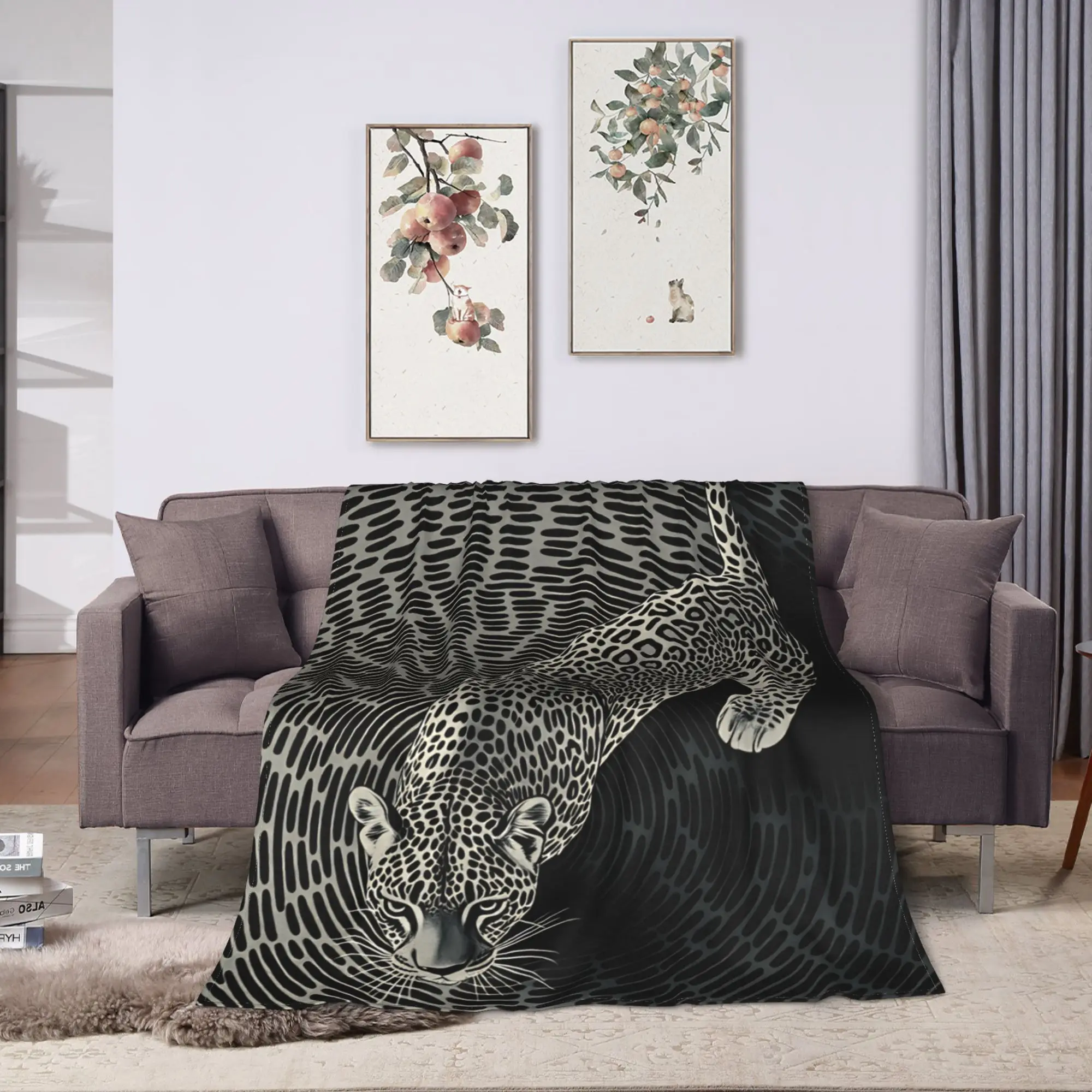 Black White Jaguar On Tunnel Oval Lines Background Blanket Soft  Throw Blanket Winter Adults Girls Living Room Travel Bedspread