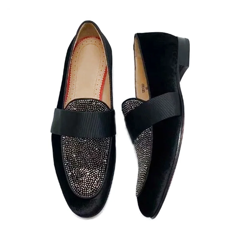 New Arrival Luxury Designer Black Leather Shoes For Men Slip On Dress Shoes Rhinestone Loafers Red Bottom Party And Wedding Shoe