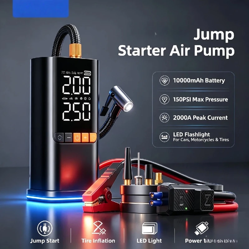 6000/10000mAh Car Jump Starter, Portable 12V Vehicle Battery Booster Jump Box Built-in 150PSI Tire Inflator Air Compressor