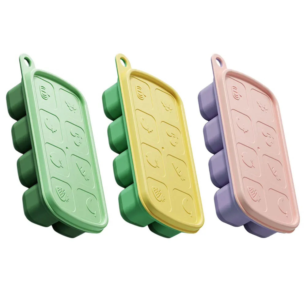 

3 Pcs Ice Cube Molds Food Grade 8 Grids Each Olive Yellow Purple Reusable PP Material Easy Release Lid for Freezer