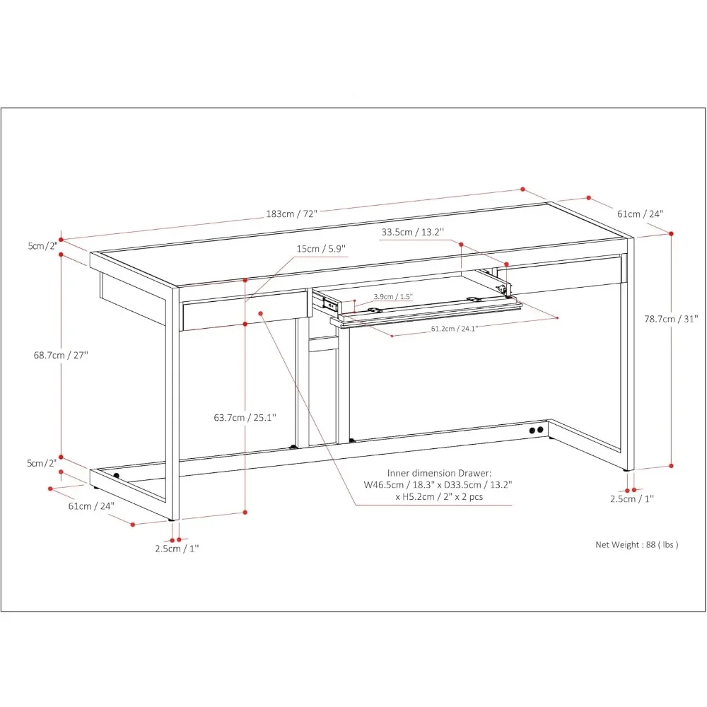 72 Inch Wide Computer Desk with 2 Drawers, Study Table Furniture, SOLID WOOD and Metal Modern Industrial Writing Desk