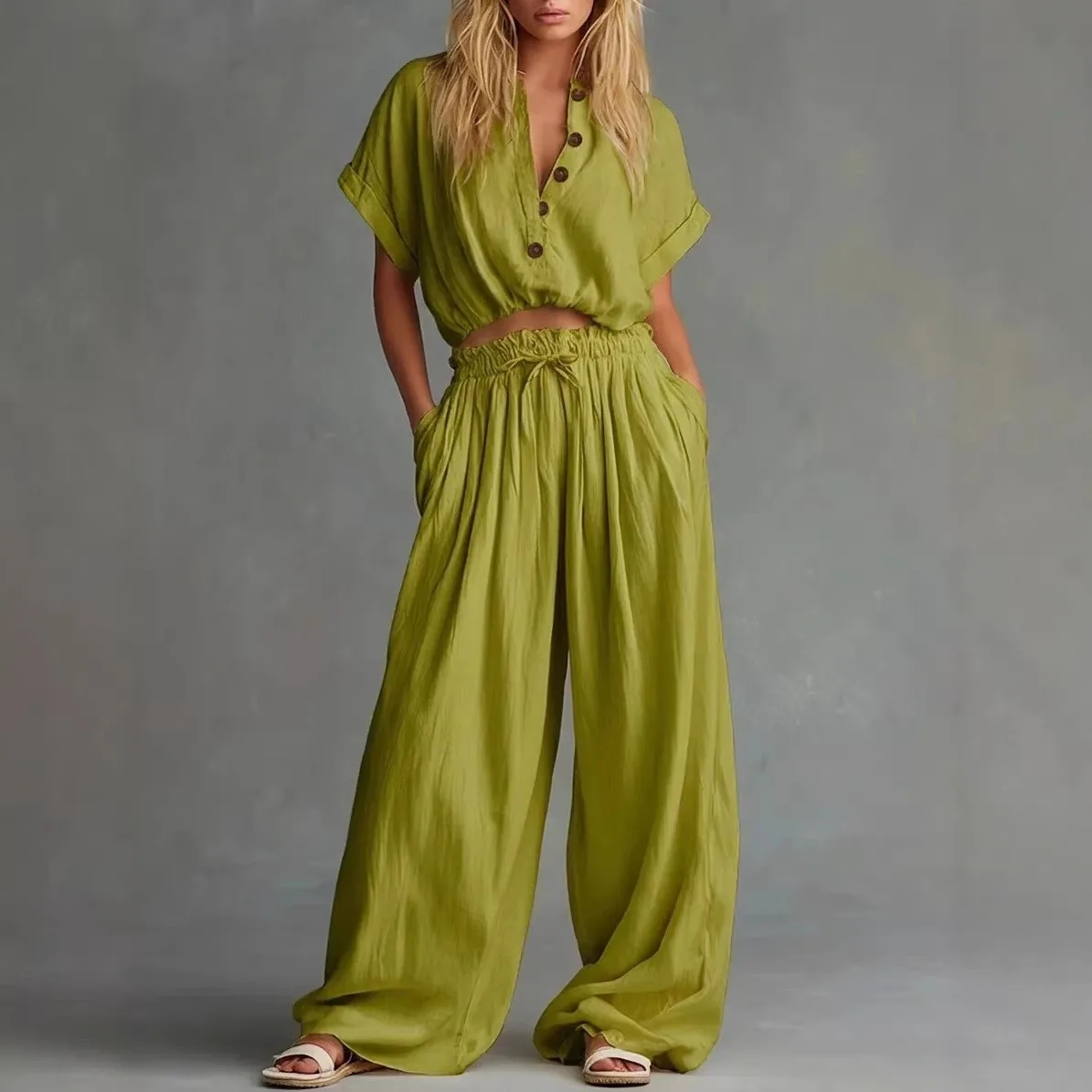 2 Pieces Set For Woman Blouse Solid Color 3/4 Sleeve Crop Blouses Light Blue Olive Green Shirt V Neck Roll Tab Sleeves Top